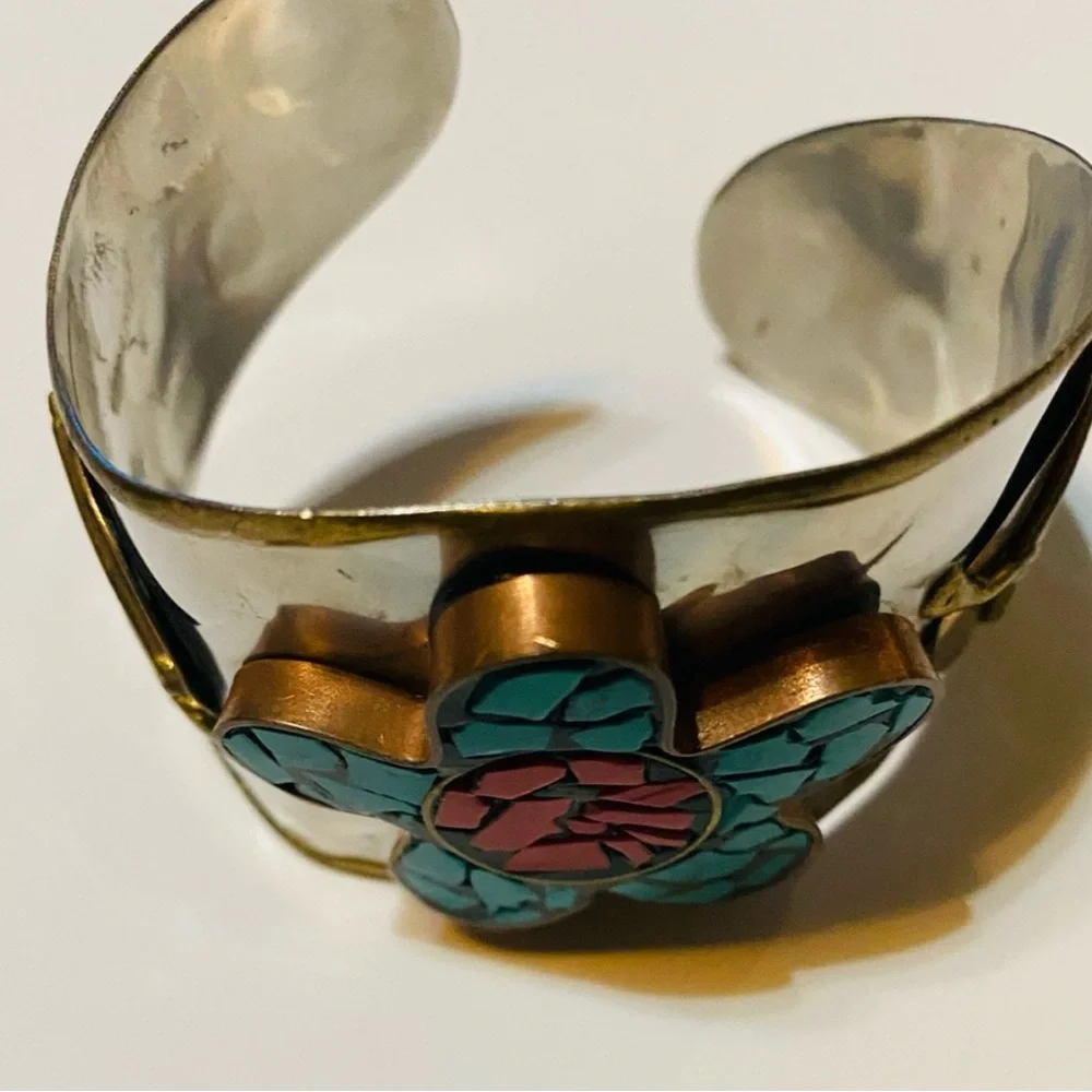 Turquoise and Red Floral Cuff Bracelet